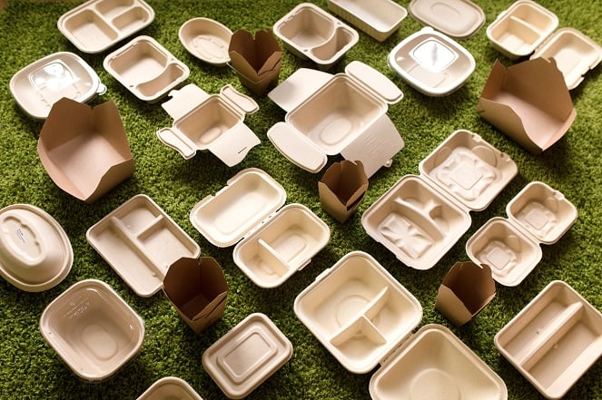 empty compostable fiber containers on green grass